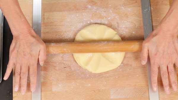 Transfer the dough to a work surface dusted with bread flour. Lightly flour the dough and a rolling pin. Press the rolling pin into the middle of the disk. Rotate and press it again. Repeat the process in all directions.