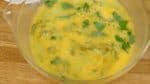 Beat the eggs thoroughly. Then, add the combined dashi stock and the mitsuba parsley, and mix evenly.