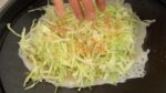 Sprinkle on the bonito powder. Place the shredded cabbage onto the batter and sprinkle on more bonito powder.