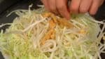 Layer the moyashi bean sprouts on the cabbage. Crumble on the ikaten, deep-fried dried squid coated with batter.