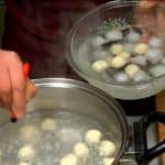 Boil the floating dango for 1 to 2 more minutes and then place them into a bowl of ice water. This process will make the dango firmer and easier to handle.