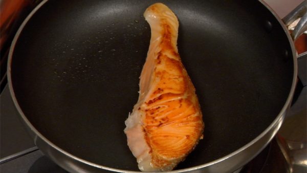 Sauté until brown and flip it over. Reduce the heat and sauté the other side thoroughly. The upside of sauteing salmon in a pan is that it doesn’t give off much smoke and the cleanup is easy.