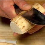 Peel the nagaimo, Japanese mountain yam. Slice it thinly and chop into 7~8mm (0.3") strips.