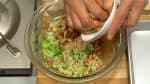 Adicione o repolho, cebolinha, gengibre, shitake e camarão e misture bem.
