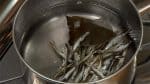 Mesurez 900 ml (3.8 cups) d'eau dans une casserole et ajoutez les bébés sardines séchées et l'algue kombu pour dashi. Laissez les bébés sardines et l'algue kombu tremper dans l'eau pour au moins 30 minutes. 