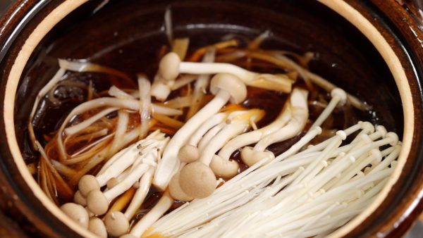 Mushrooms will help to make a savory broth and we’re using enoki, shimeji and maitake mushrooms.