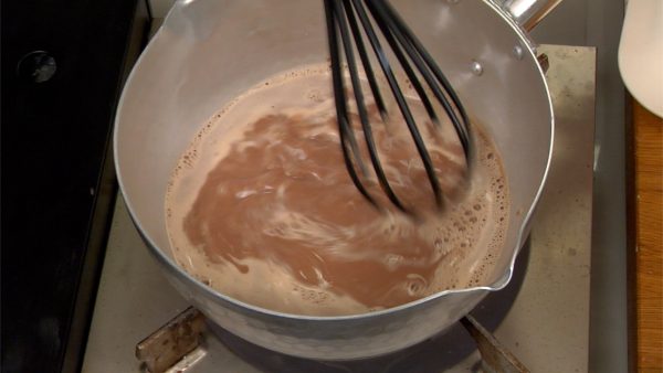 Turn on the burner and stir continuously with the balloon whisk. Continue mixing vigorously while over the heat.