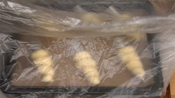 Cover the baking sheet with a large plastic bag. Let it sit in a warm place until it  rises by 50% in size.