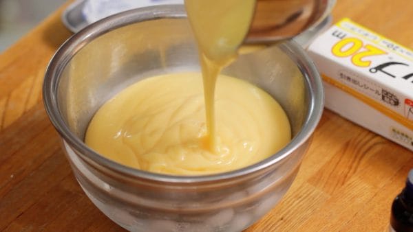 Float a clean bowl or tray on ice water, and pour the pastry cream into it.