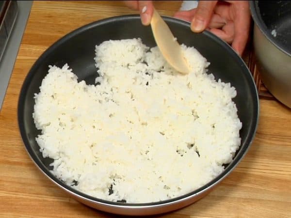 Masukkan nasi putih yang sudah matang ke dalam wadah lain dan distribusikan secara merata. Dinginkan nasi dan agar uap air yang berlebih menguap.