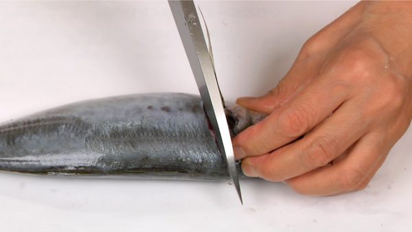 Make a deep diagonal cut along the base of the side or pectoral fin.