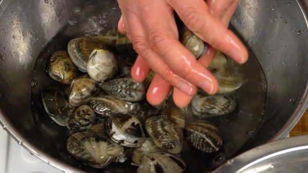 Place the clams into a bowl and add water. Then, thoroughly rinse the clams, scrubbing the shells against each other.