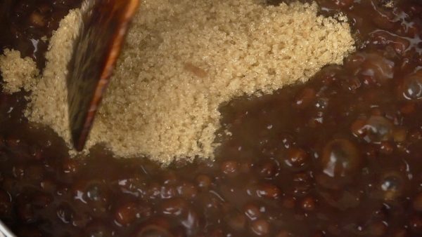 Finally, add the rest of the sugar. Adding the sugar in 2 to 3 steps will help soften the azuki beans.