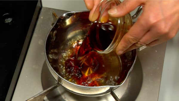 Reduce the sauce until all the alcohol has evaporated. You should not be able to smell any alcohol. Add the soy sauce.