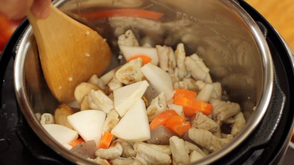Continue to stir-fry. This pressure cooker has a convenient sauteing feature. It is a little hard to mix since the bottom is not wide like a regular pan but this feature saves time washing the pan.