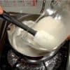 Next, let's cook the plain kuzumochi. The kuzu starch settles so stir the mixture well before pouring it to a small pot.