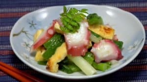 Lire la suite à propos de l’article Recette de Karashi Sumisoae aux oignons verts et au poulpe (fruits de mer et légumes marinés au vinaigre et au miso)
