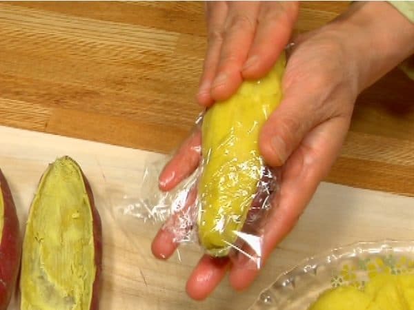 Use plastic wrap to shape the sweet potato with your hands.