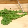 Préparez les ingrédients. Coupez les racines des feuilles de shungiku en morceaux de 6~7 cm (2.4~2.8 pouces).